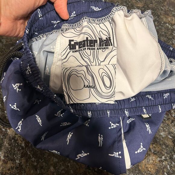 Greater Half Sex Ed Swim Trunks Navy Blue Mens Large EUC Pride Apparel - Picture 5 of 8